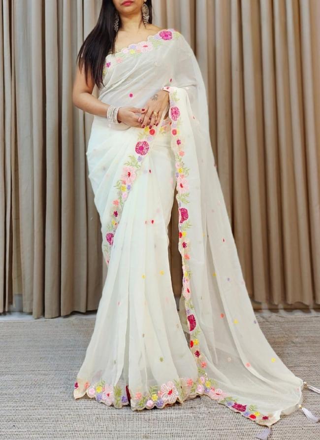 Faux Georgette Off White Traditional Wear Embroidery Work Saree